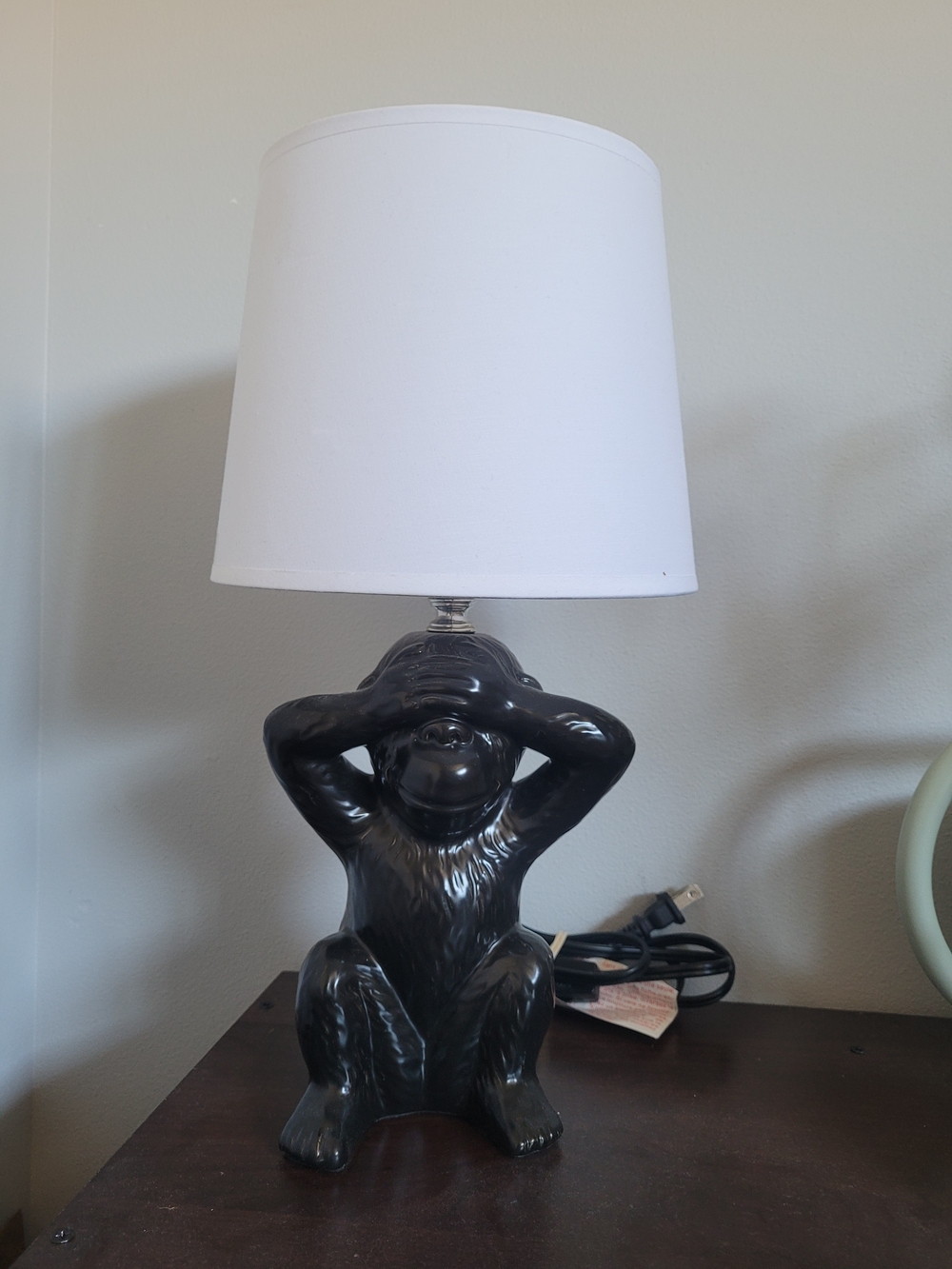 Black Monkey Table Lamp with White Drum Shade